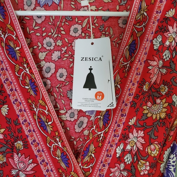 ZESICA Women's Bohemian Floral Printed Wrap V Neck - Picture 3 of 4